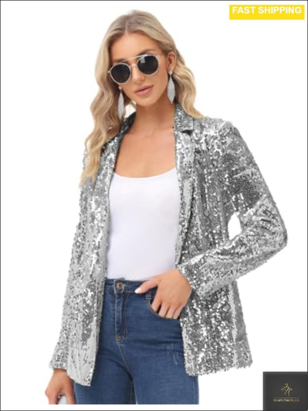 Sequin Blazer Jacket Open Front Long Sleeve Sparkly Cardigan Coat